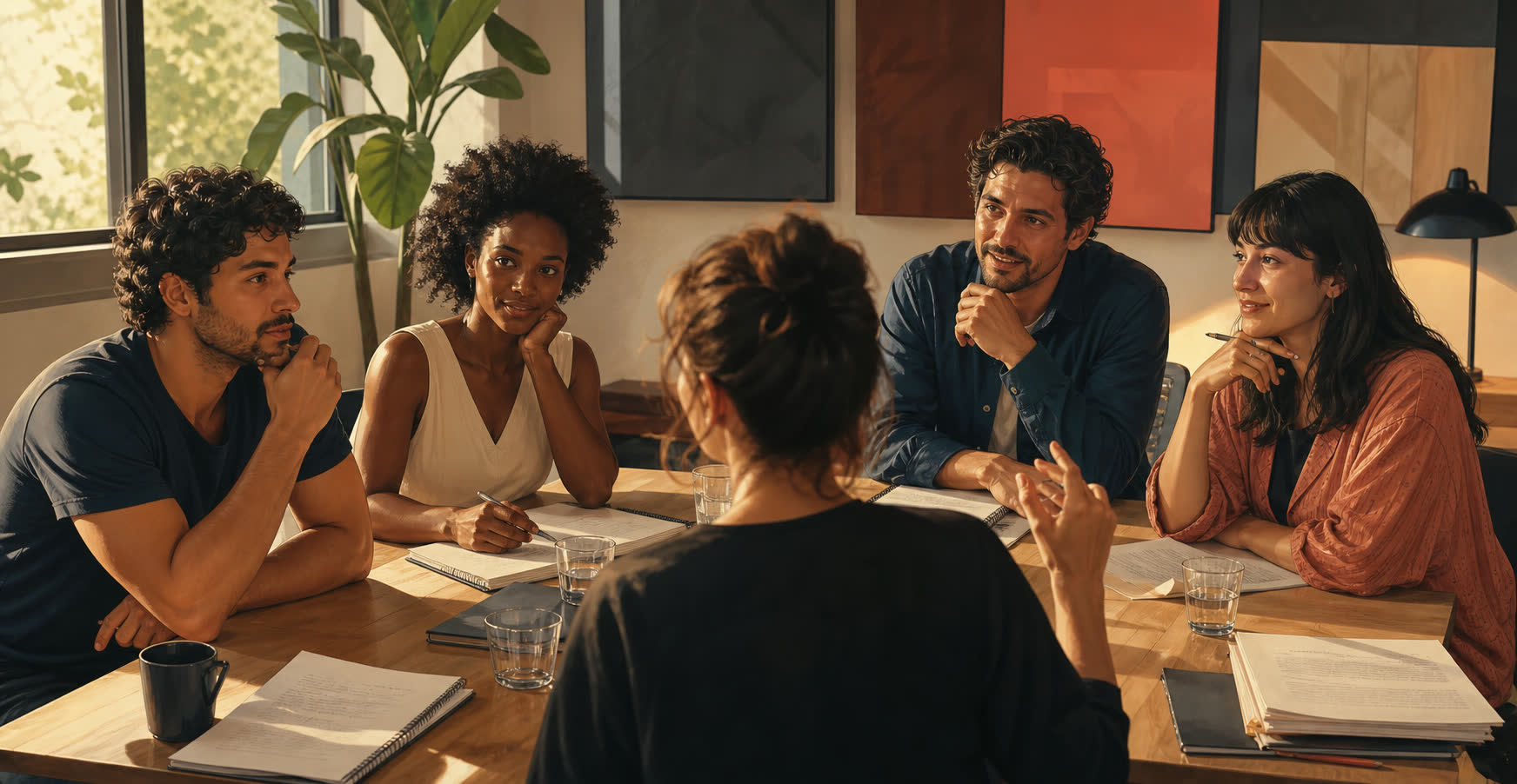 Grupo de intérpretes reunido em torno de uma mesa para leitura de roteiro